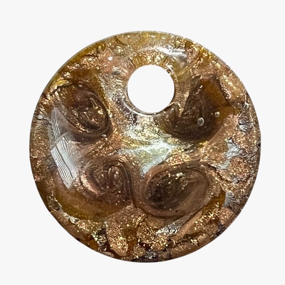 Vintage Fused Art Glass Pendant Large Chunky Metallic Brown Glitter Swirl DIY 2"